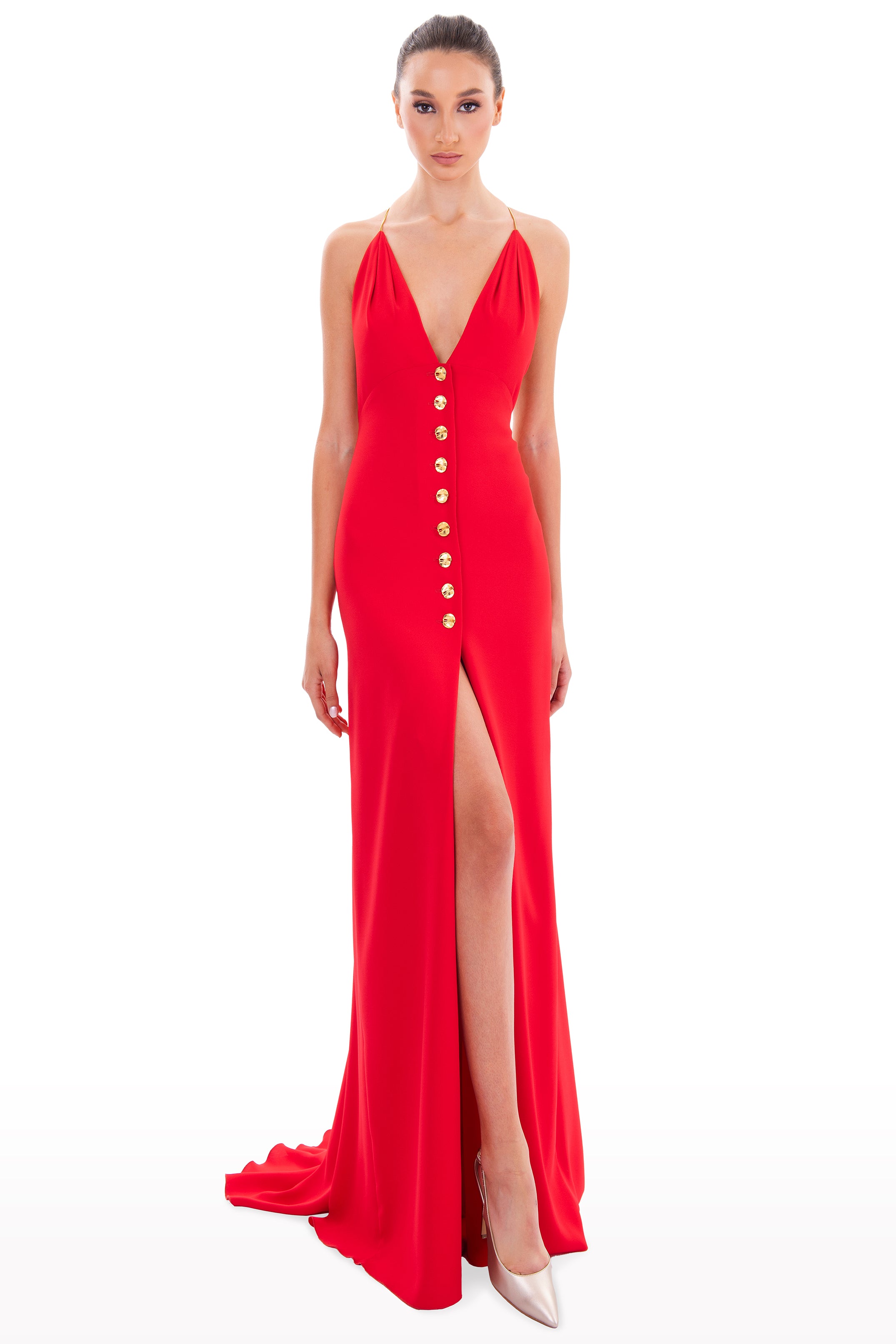 Plunged Dress with Gold Plated Buttons Red / 40 Plunged Dress with Gold Plated Buttons Red / 40