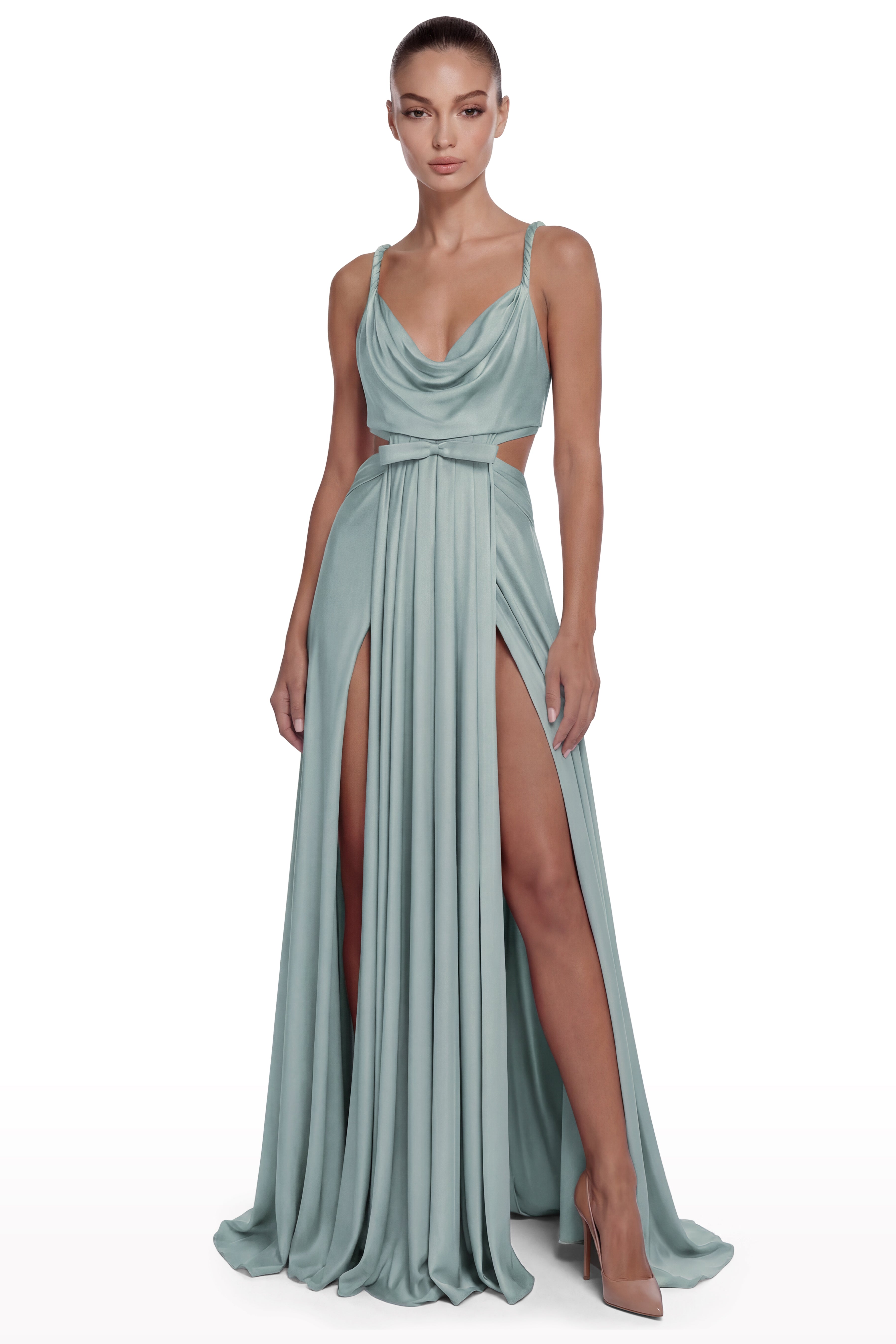 Draped Cut-Out Bow Dress Aqua / 40