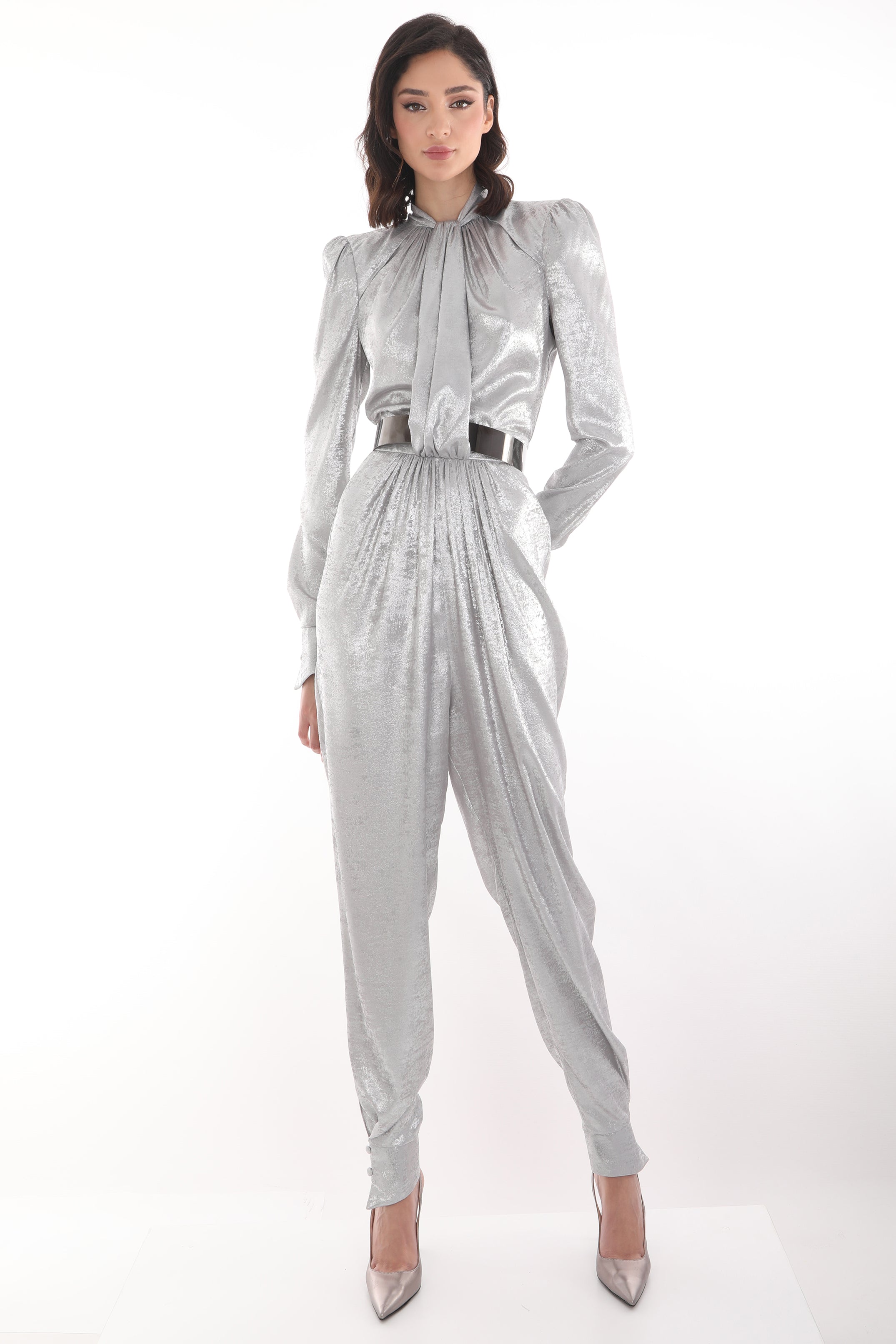Shiny Draped Jumpsuit with Belt – Zmilelee