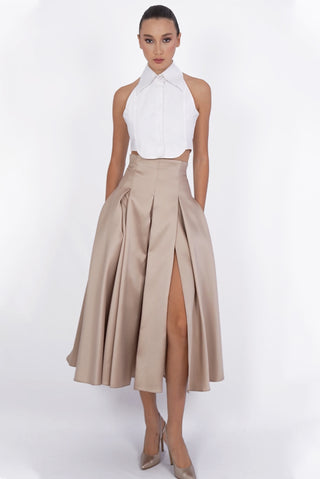 Gold pleated skirt with slit