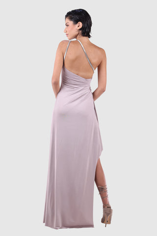 One-Shoulder Twill Dress with Asymmetric Chain Accents