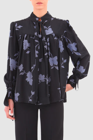 Floral printed silk crepe de chine pussy-bow blouse