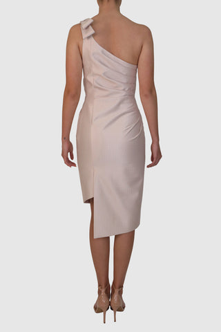 Rigid One-Shoulder Dress with Pleated Detail and Bow Accent