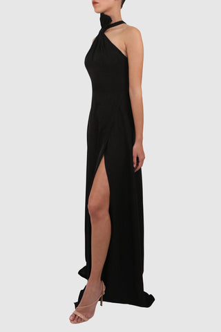 Halter Dress with Slits and Dramatic Bow Detail