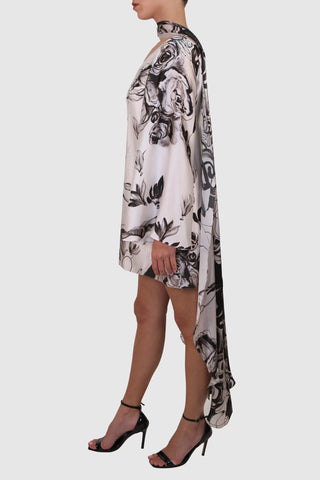 Patterned Floral Silk Dress with Long Voluminous Sleeves and Scarf