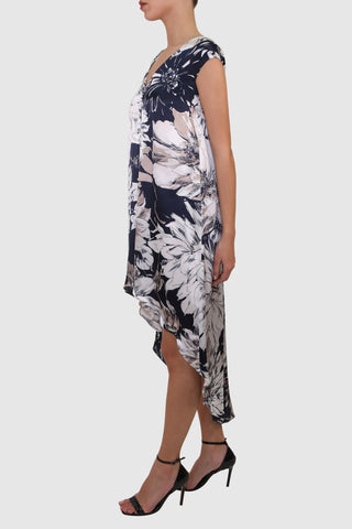 Patterned Silk Short-Sleeved Dress with Flowy Hemline