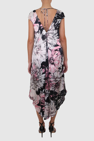 Patterned Silk Short-Sleeved Dress with Flowy Hemline