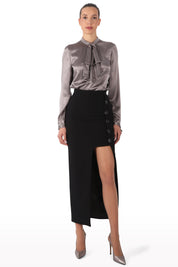 Button-Detail Asymmetric Midi Skirt