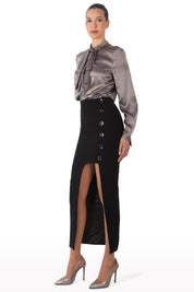 Button-Detail Asymmetric Midi Skirt