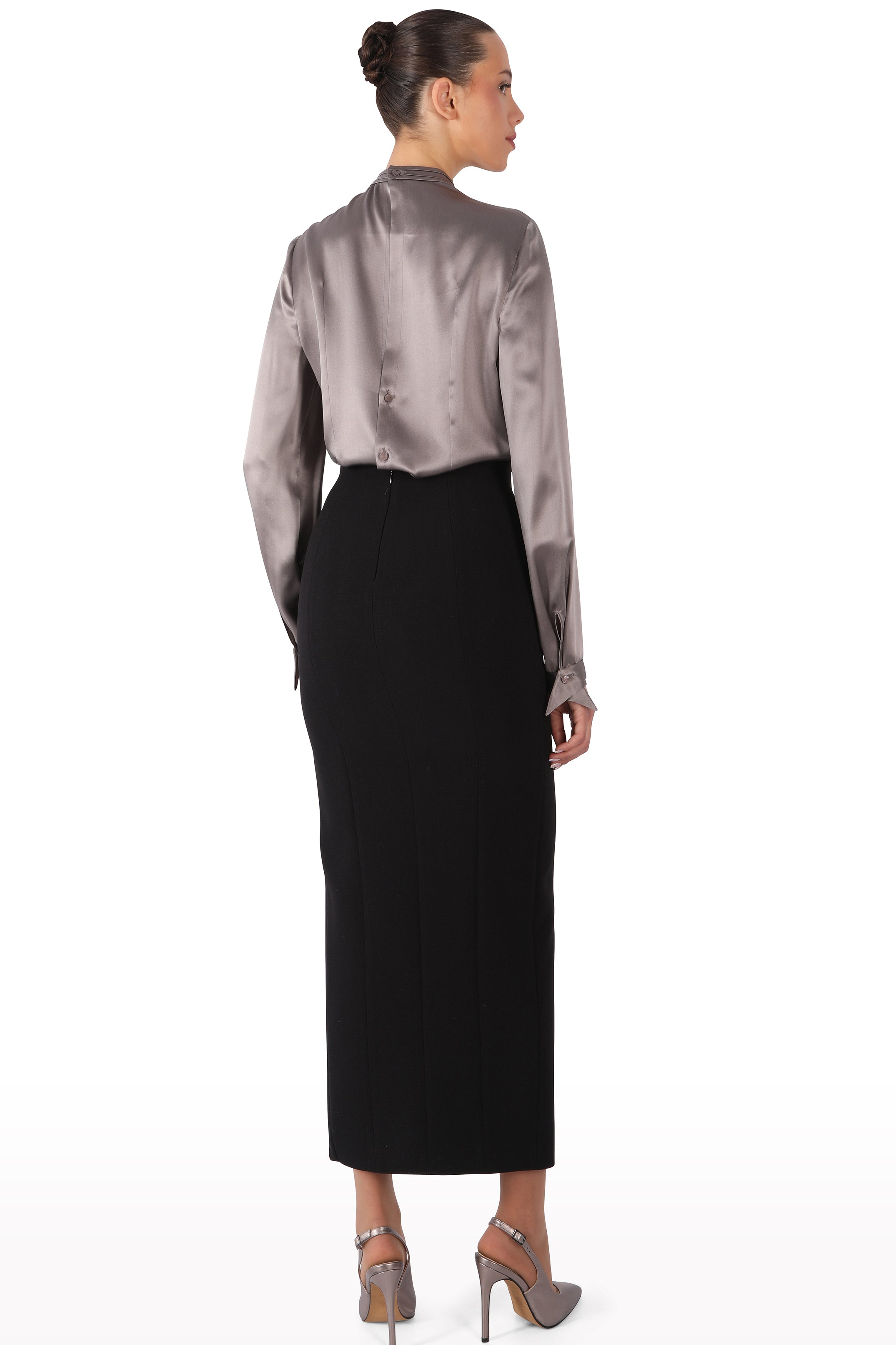 Button-Detail Asymmetric Midi Skirt