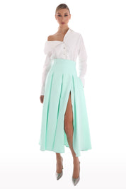 Satin pleated skirt with slit