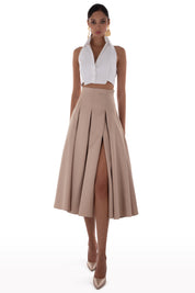 Satin pleated skirt with slit