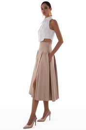 Satin pleated skirt with slit