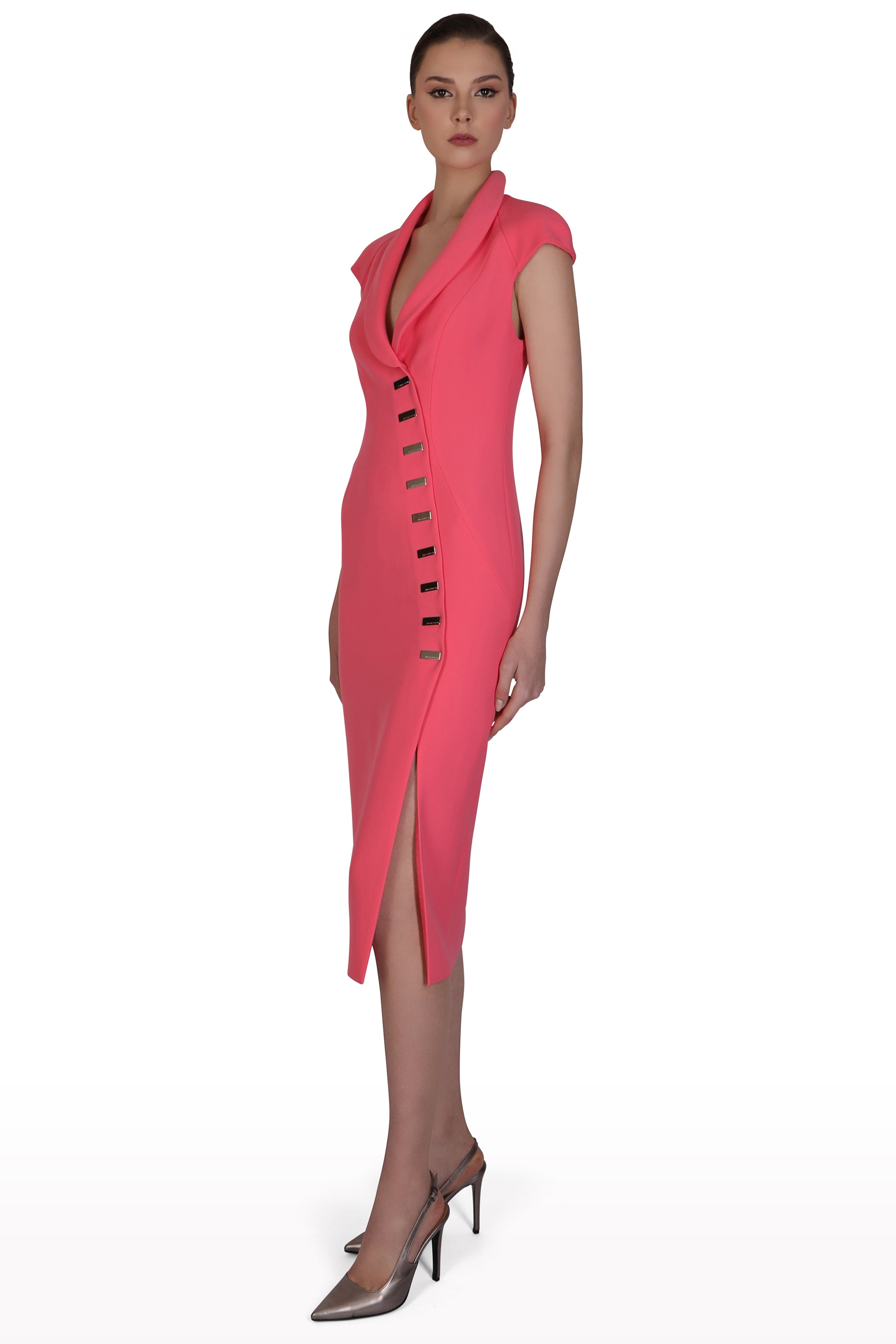 Asymmetric Button Crepe Dress