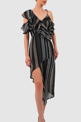 Striped Asymmetric Ruffles Printed Chiffon Midi Dress
