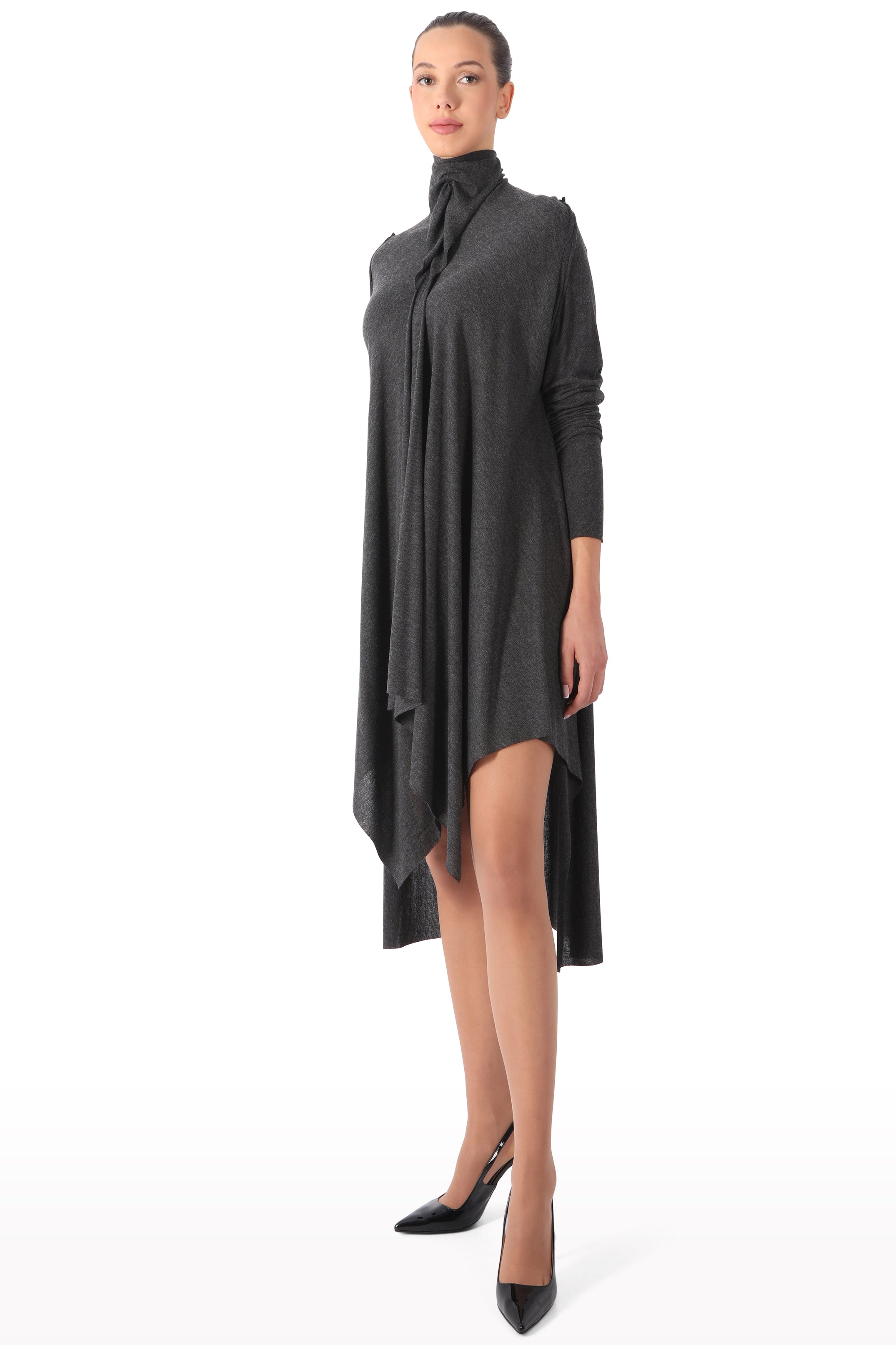 Draped High-Neck Midi Dress