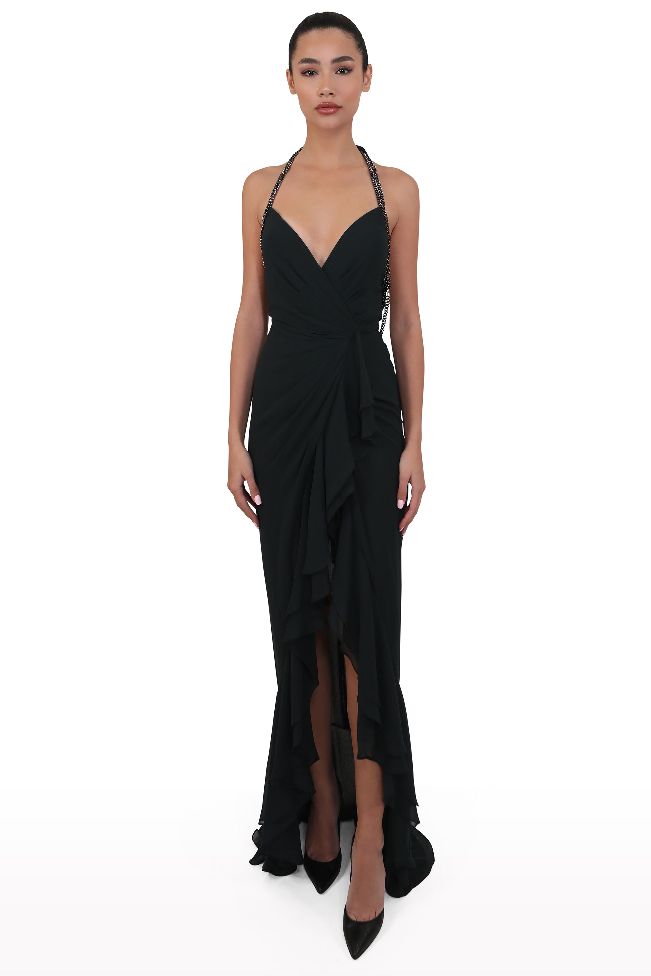 Backless Crepe Dress with Ruffled Detail 36 / Green Backless Crepe Dress with Ruffled Detail 36 / Green