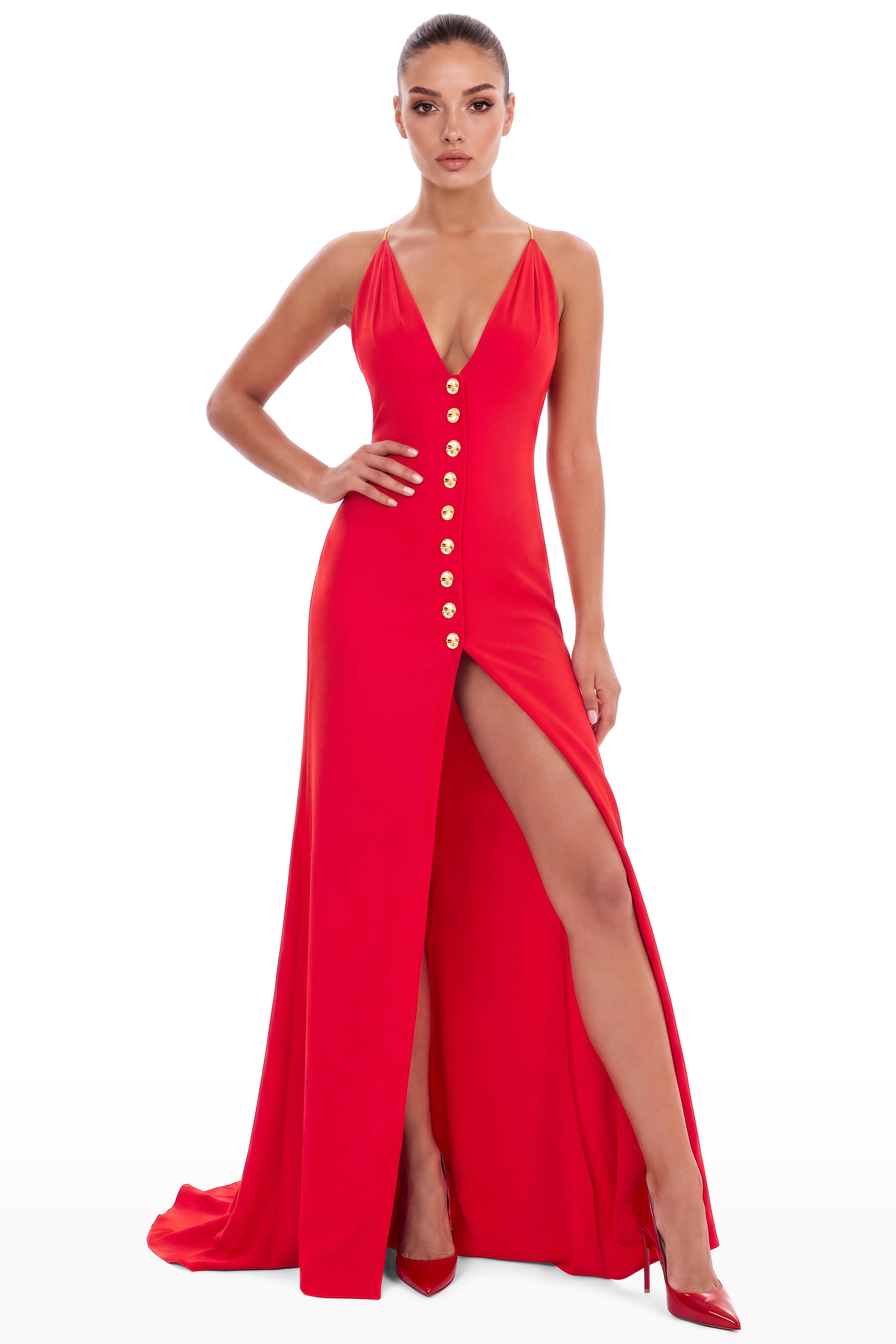 Plunged Dress with Gold Plated Buttons Red / 40