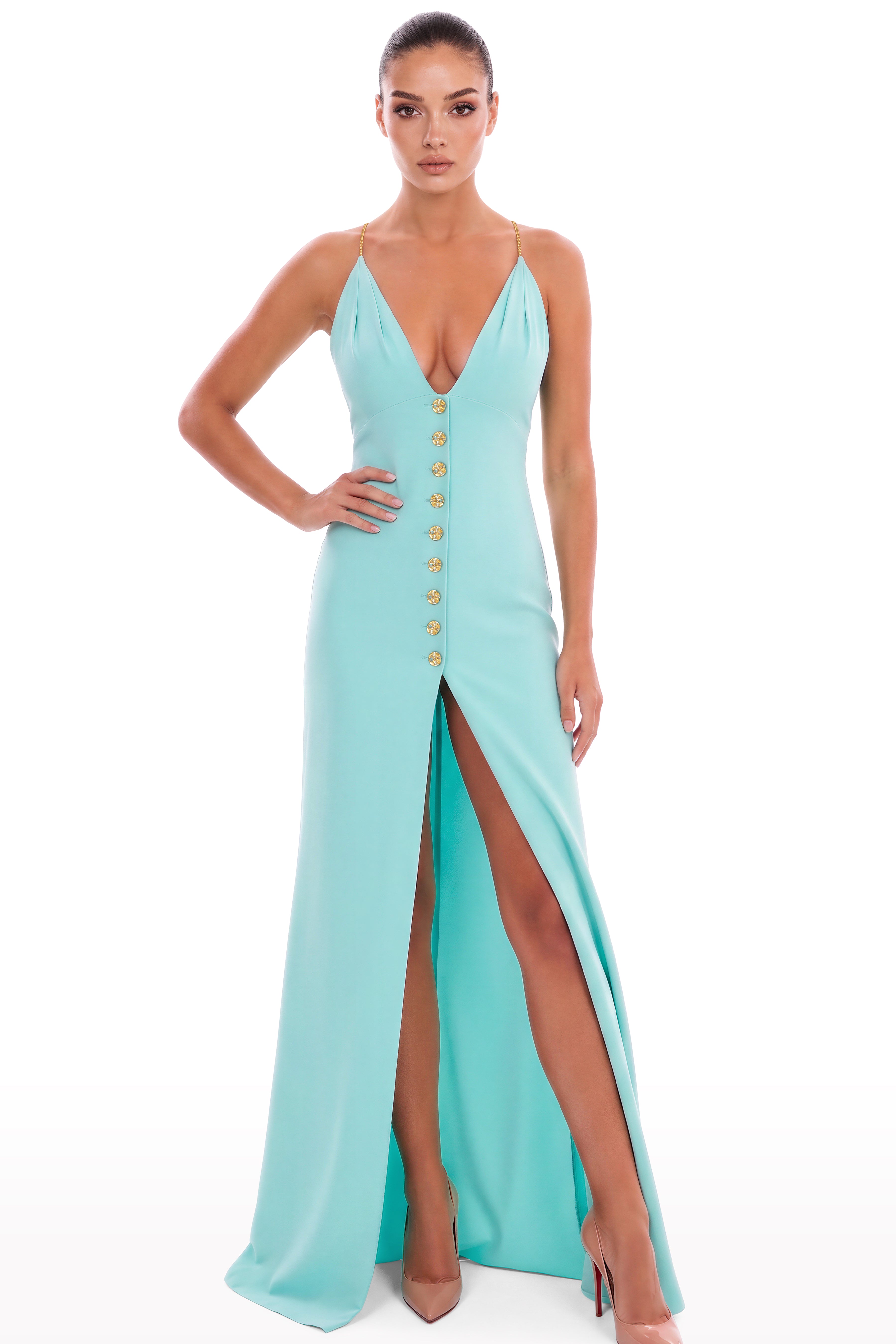 Plunged Dress with Gold Plated Buttons