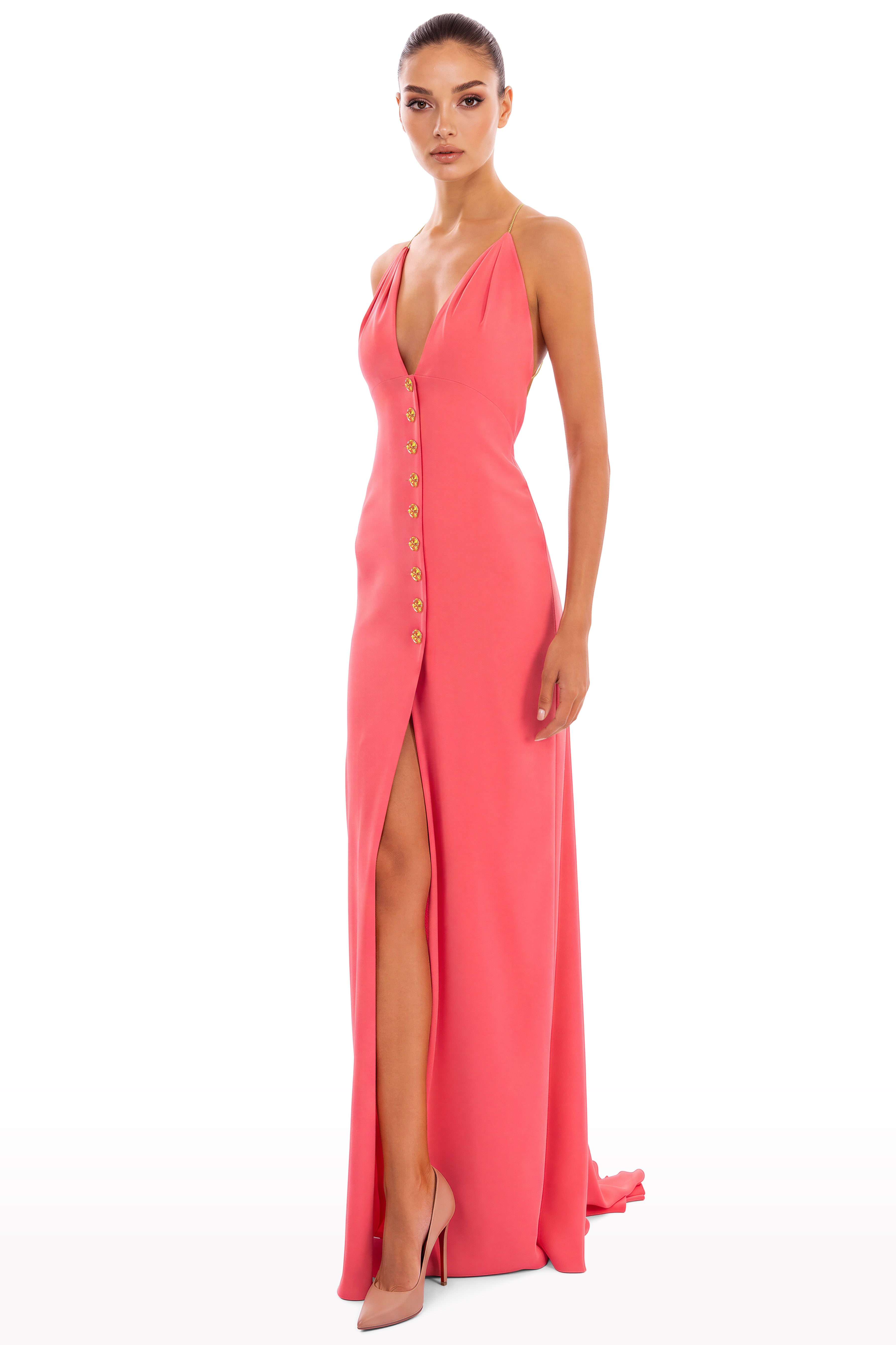 Plunged Dress with Gold Plated Buttons