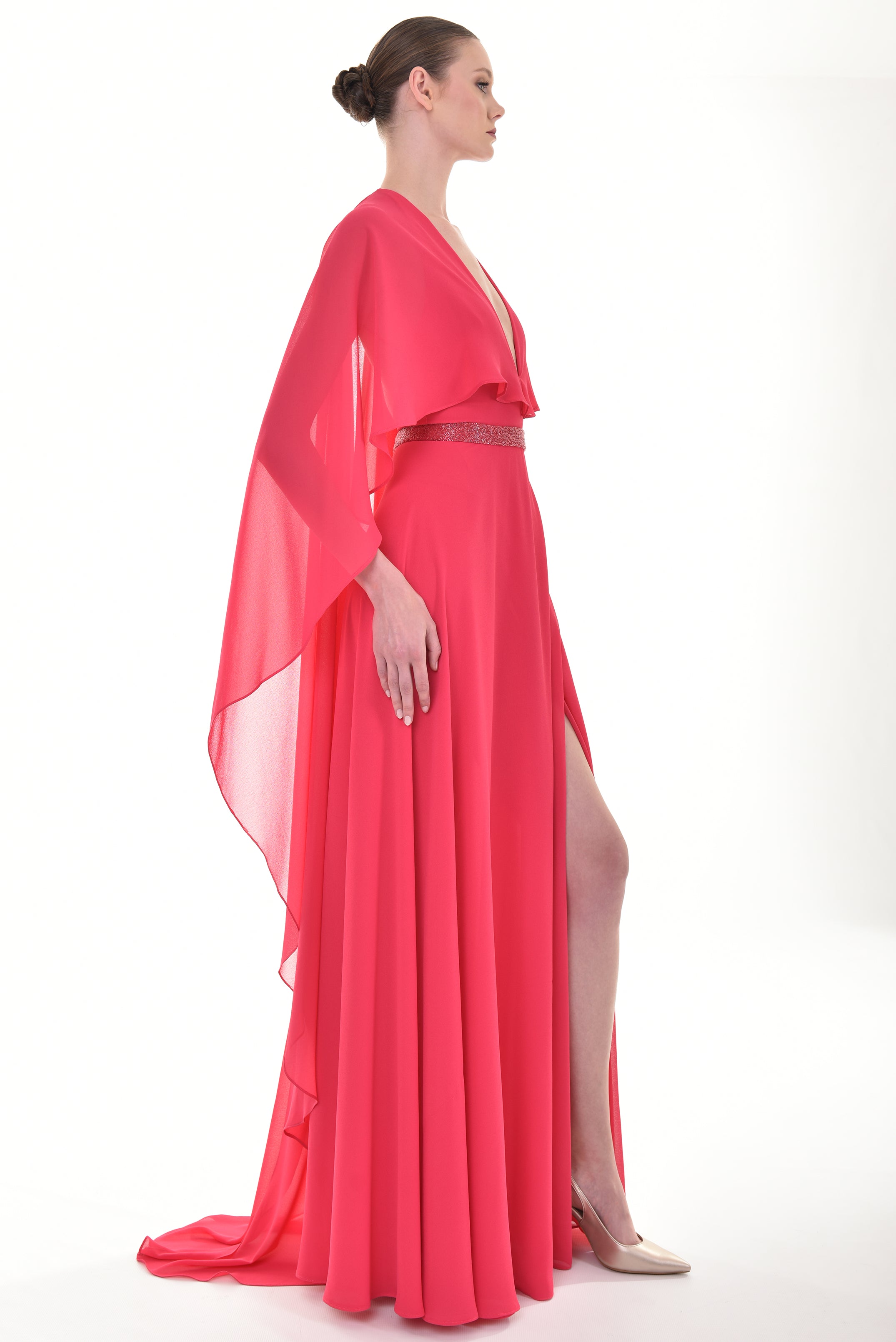 Cape-like crepe long dress