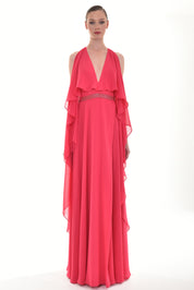 Cape-like crepe long dress