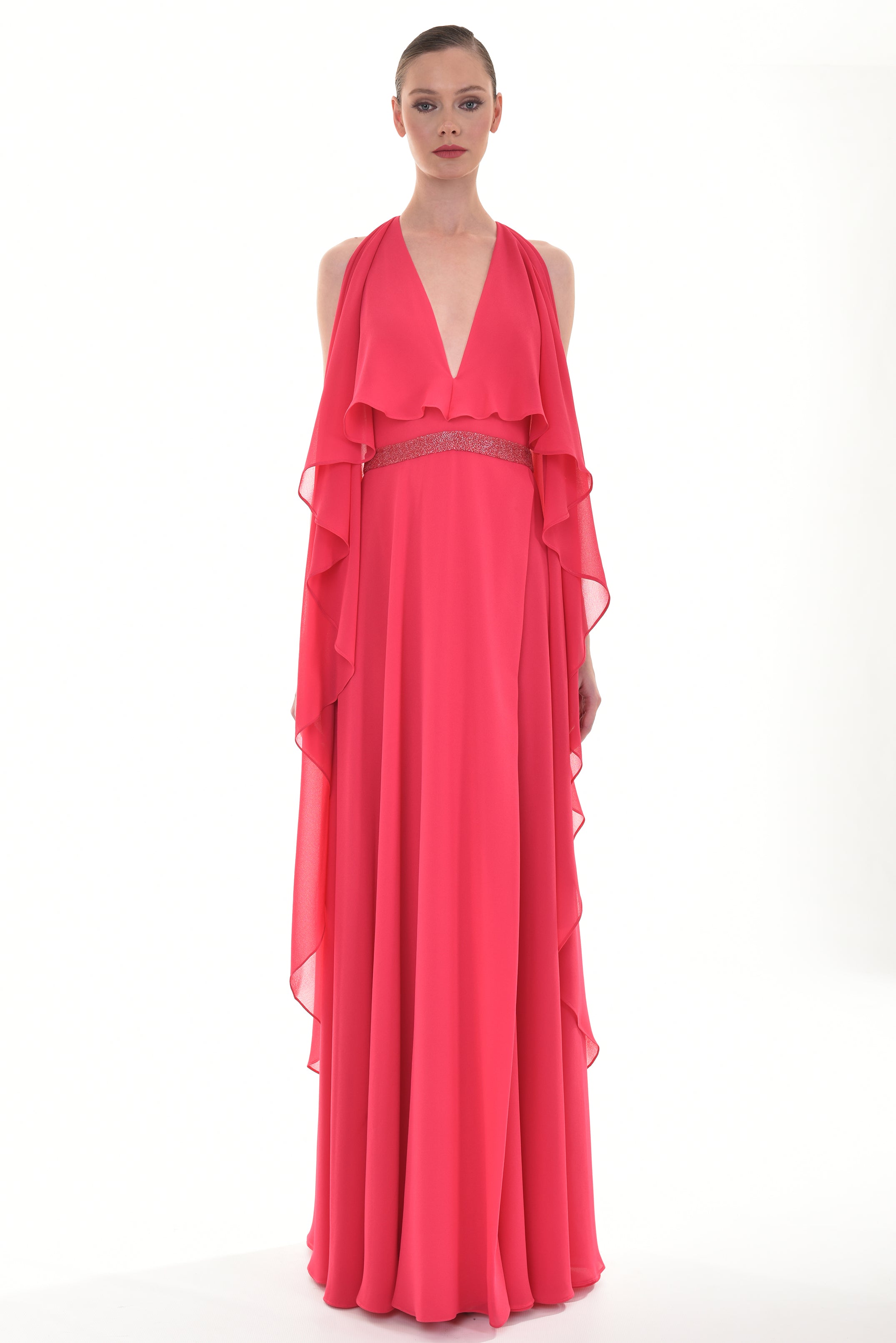 Cape-like crepe long dress