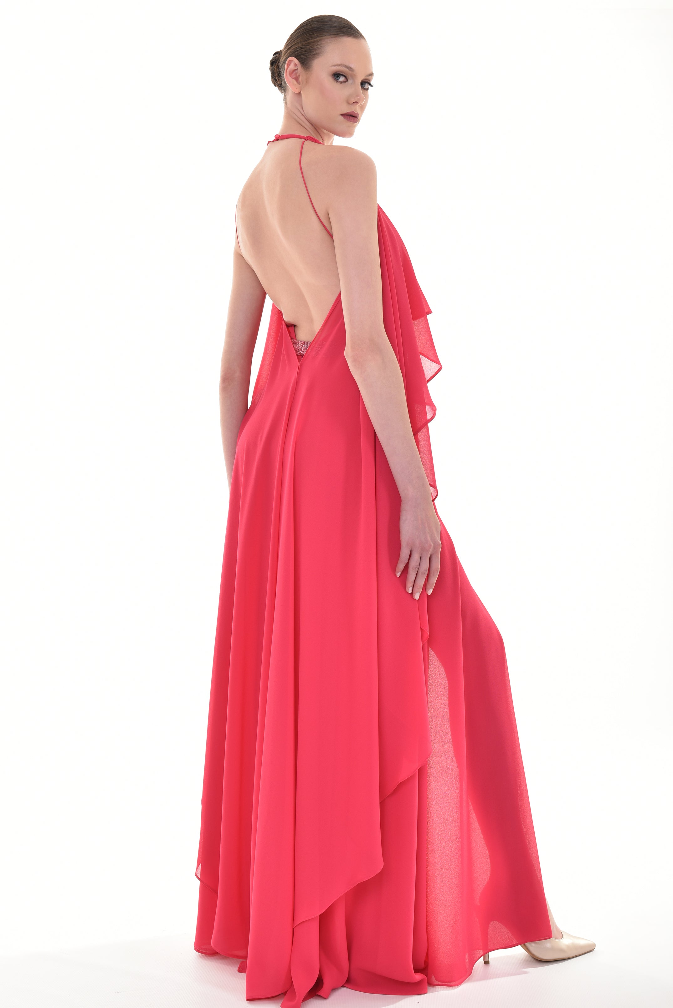 Cape-like crepe long dress