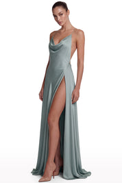 Satin Draped Dress with High Slit