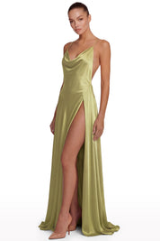 Satin Draped Dress with High Slit