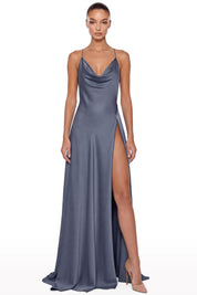 Satin Draped Dress with High Slit