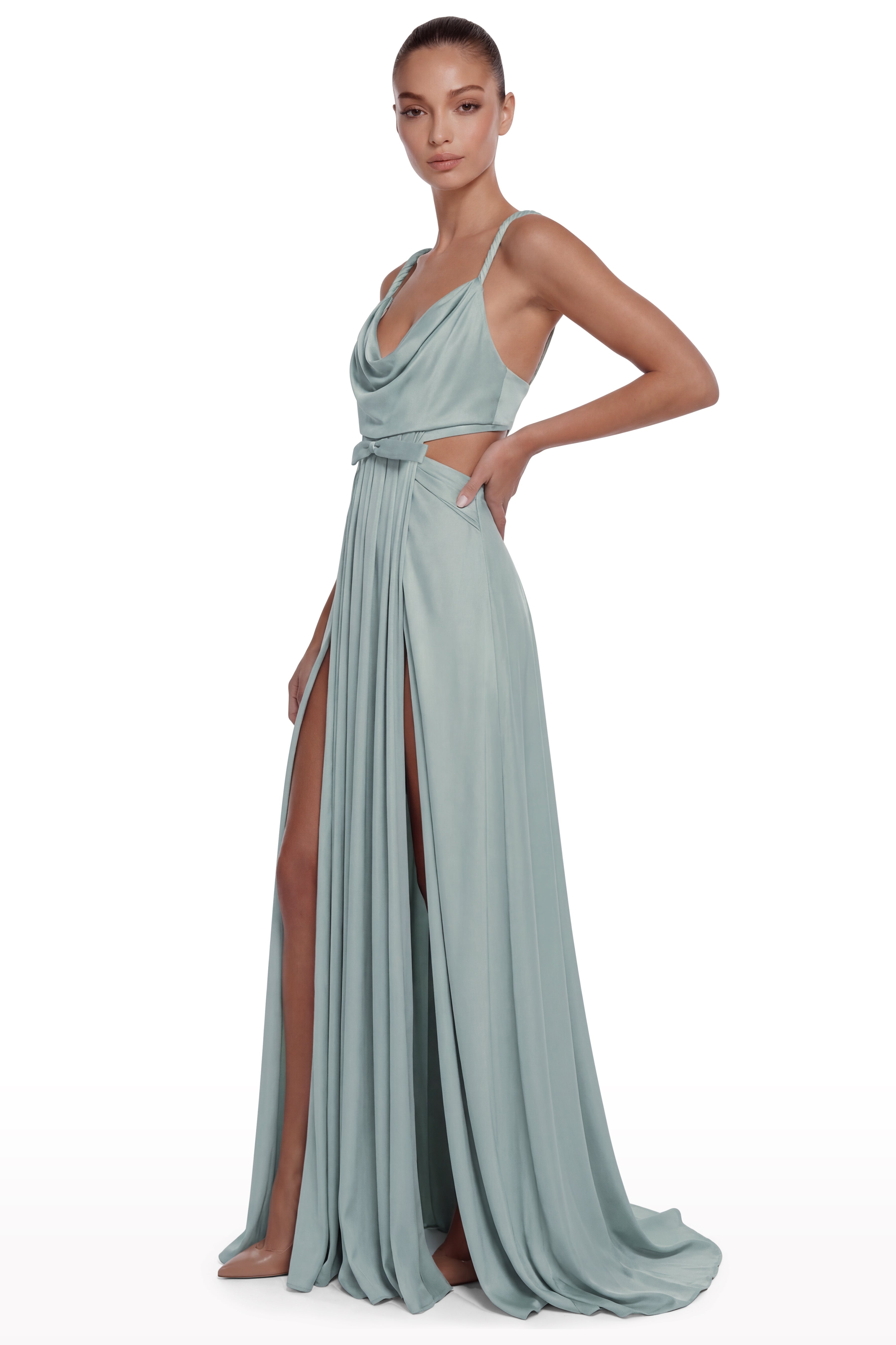 Draped Cut-Out Bow Dress Aqua / 40