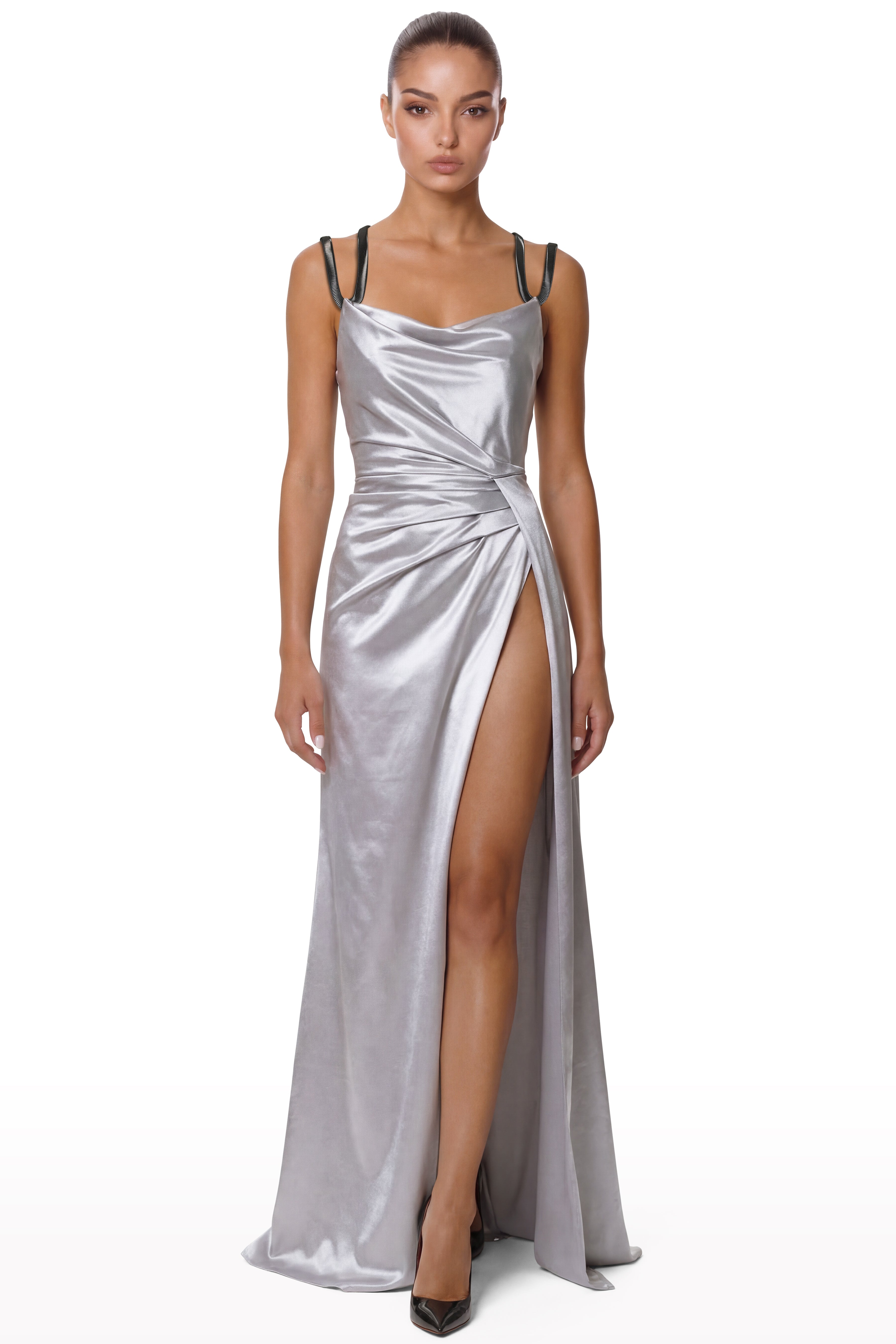 chain strap satin dress Women's Satin slip dress with chain straps | Black