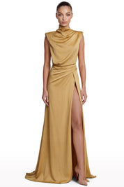 Draped Satin High-Collar Dress