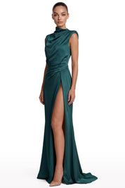 Draped Satin High-Collar Dress