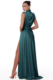 Draped Satin High-Collar Dress