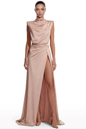 Draped Satin High-Collar Dress