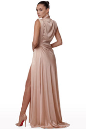 Draped Satin High-Collar Dress