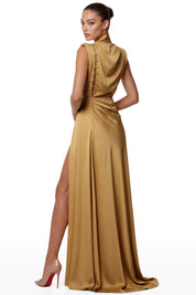 Draped Satin High-Collar Dress