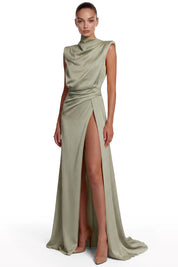 Draped Satin High-Collar Dress