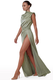 Draped Satin High-Collar Dress