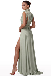 Draped Satin High-Collar Dress