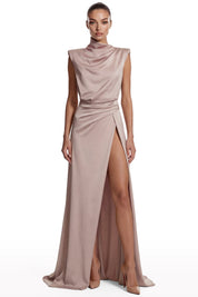Draped Satin High-Collar Dress
