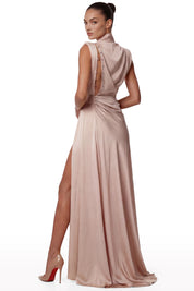 Draped Satin High-Collar Dress