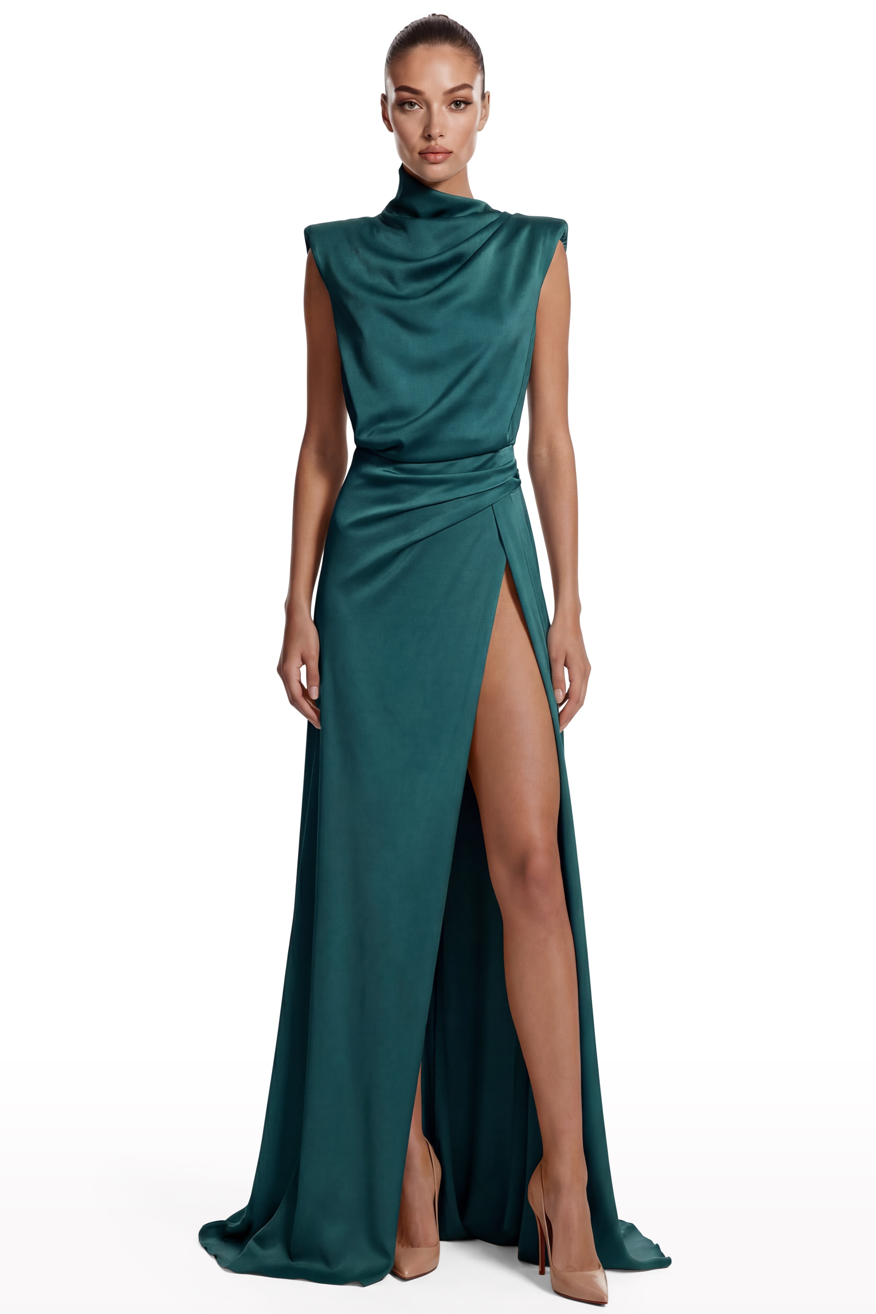 Satin Draped High-Neck Dress