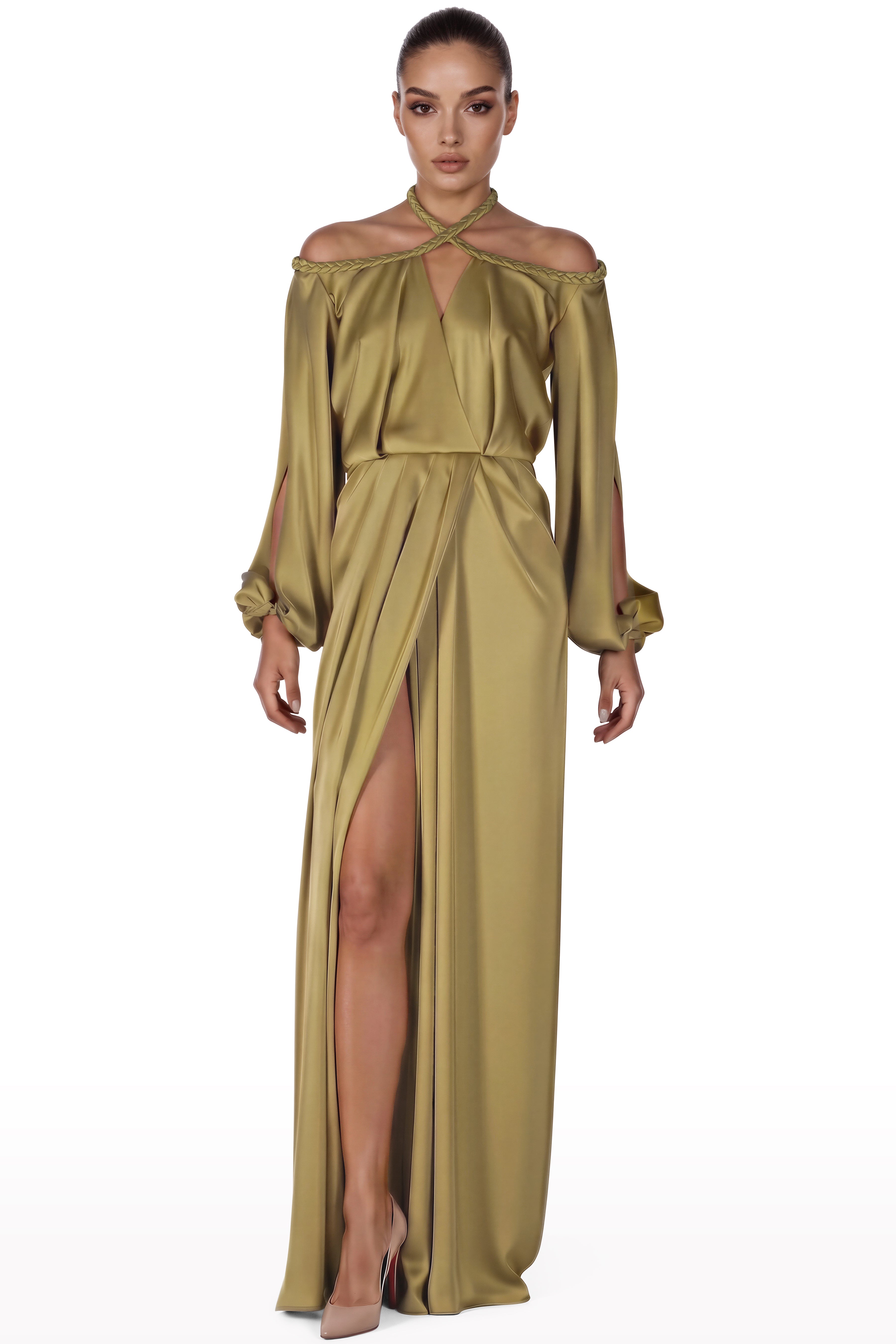 Braided Halter Draped Dress Olive / 42 Braided Halter Draped Dress Olive / 42