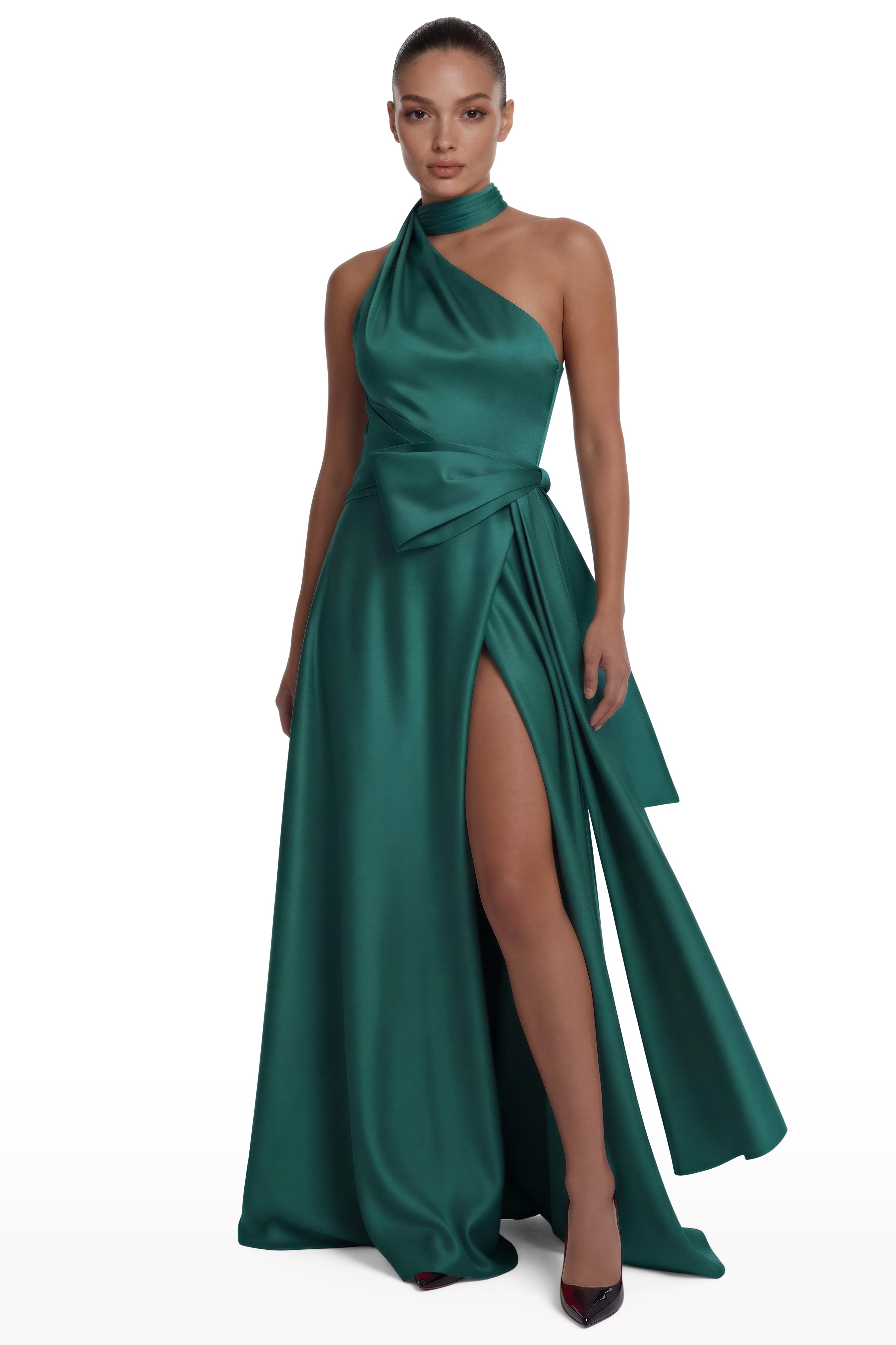 Halter Neck Satin Bow Dress Emerald / 40 Halter Neck Satin Bow Dress Emerald / 40