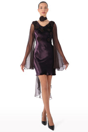 Floral-Embellished Dress with Sheer Sleeves