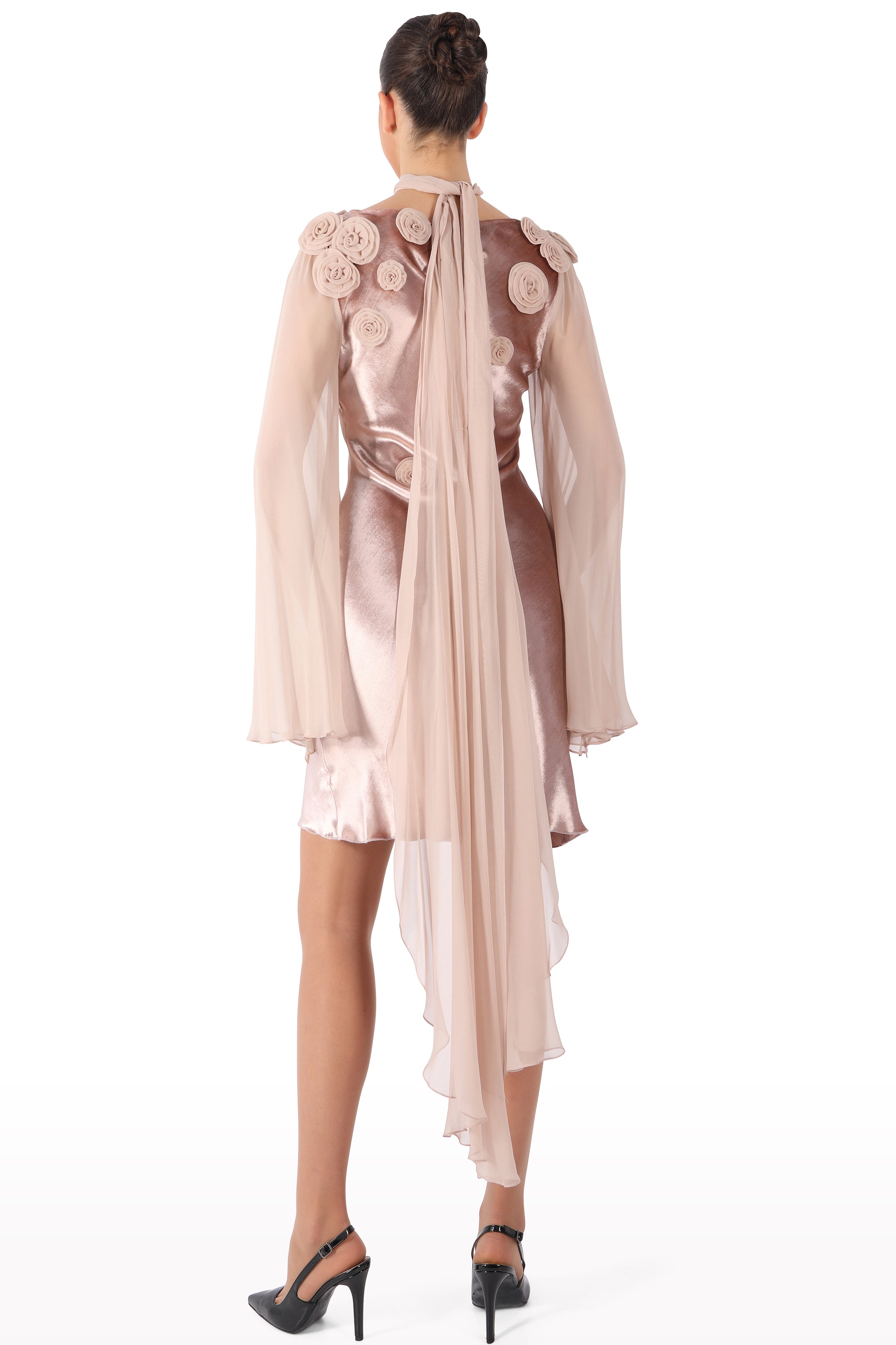 Floral-Embellished Dress with Sheer Sleeves