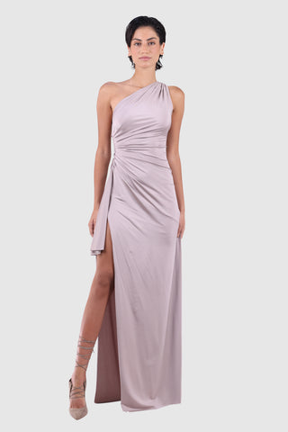One-Shoulder Twill Dress with Asymmetric Chain Accents